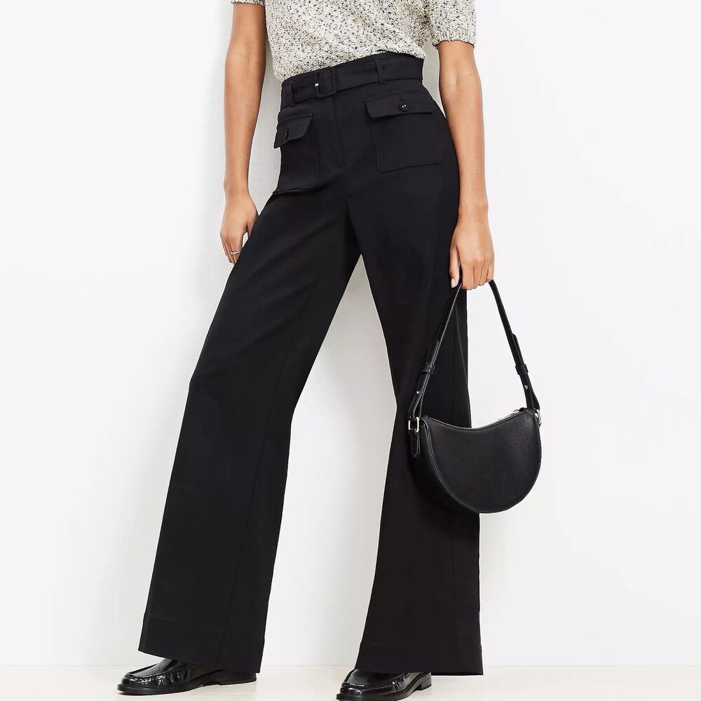 LOFT Belted Palmer Wide Leg Pants (Sz 4) Black Twill Business Casual Work SP2025